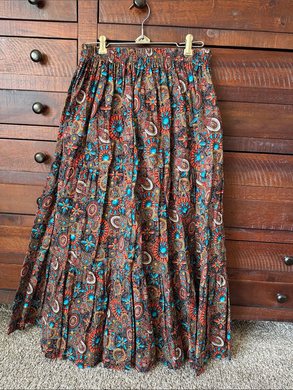 Bohemian Floral Print Tiered Maxi Skirt - Brown & Teal
